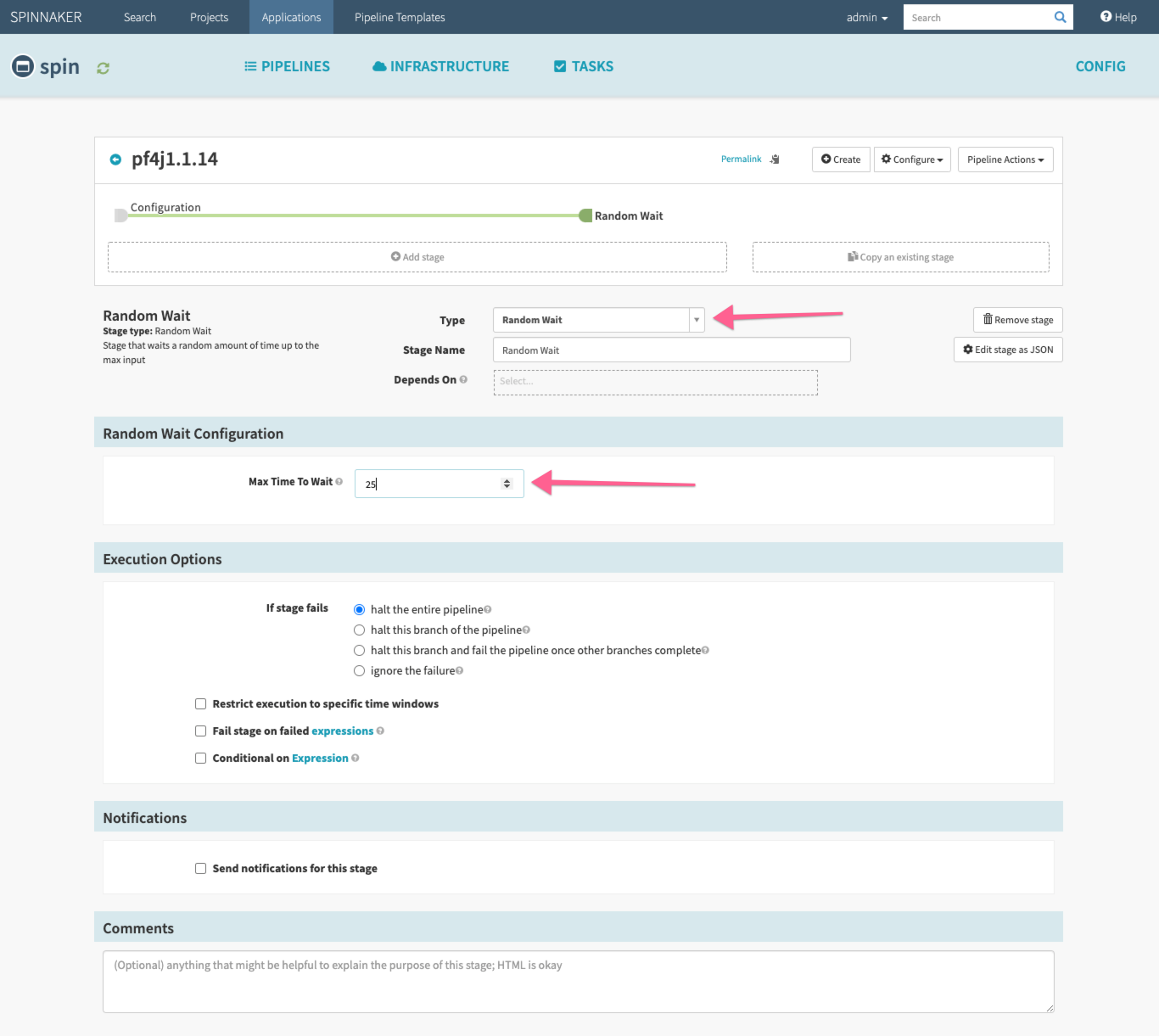 Random Wait stage after it has been selected and the configuration panel is visible.